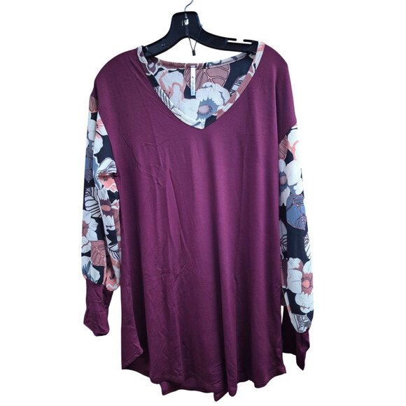 Floral Sleeve Wine Burgundy Tunic Top L/Grande Rayon/Spandex  Made In USA - Picture 3 of 6